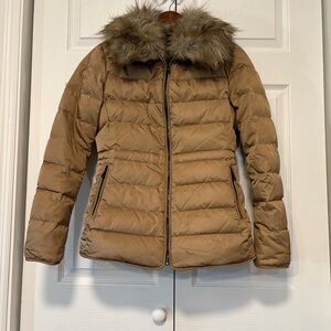 Tan Down Puffer Jacket w/ Removable Faux Fur Hood Zip Front Winter Coat